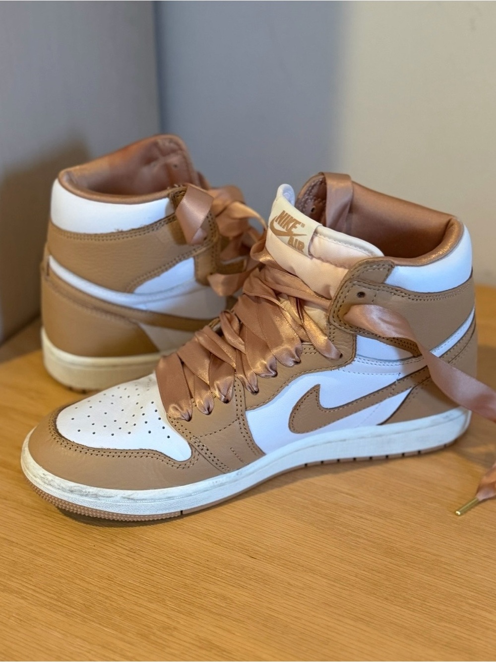 Nike Air Jordan 1 Mid in White & Brown Satin